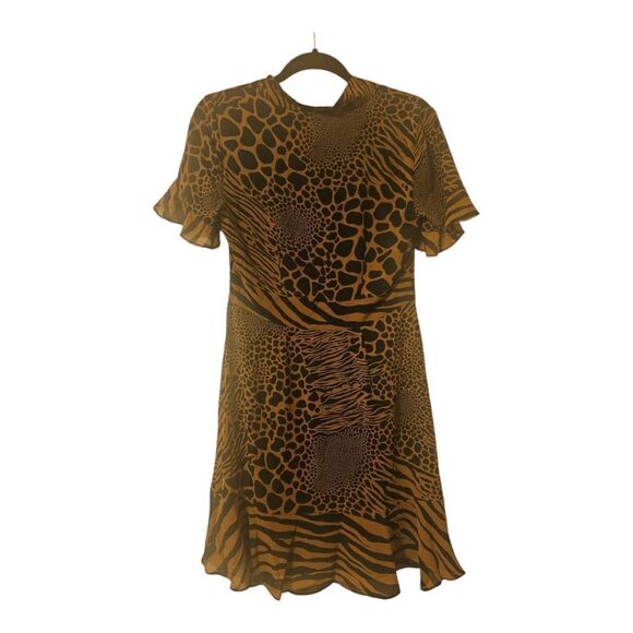 MICHAEL KORS NWT Ruffle Flounce Animal Print Caramel Tie Neck Dress - Small - Picture 3 of 13